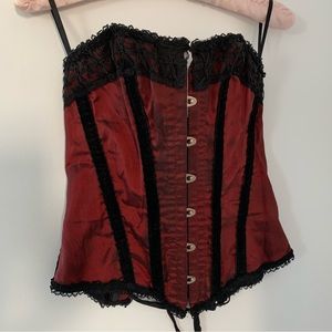 Coquette Burgundy Corset M with Black Velvet and Lace Trim